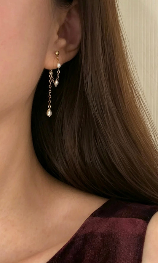 Dainty cascade pearl chain drop earrings