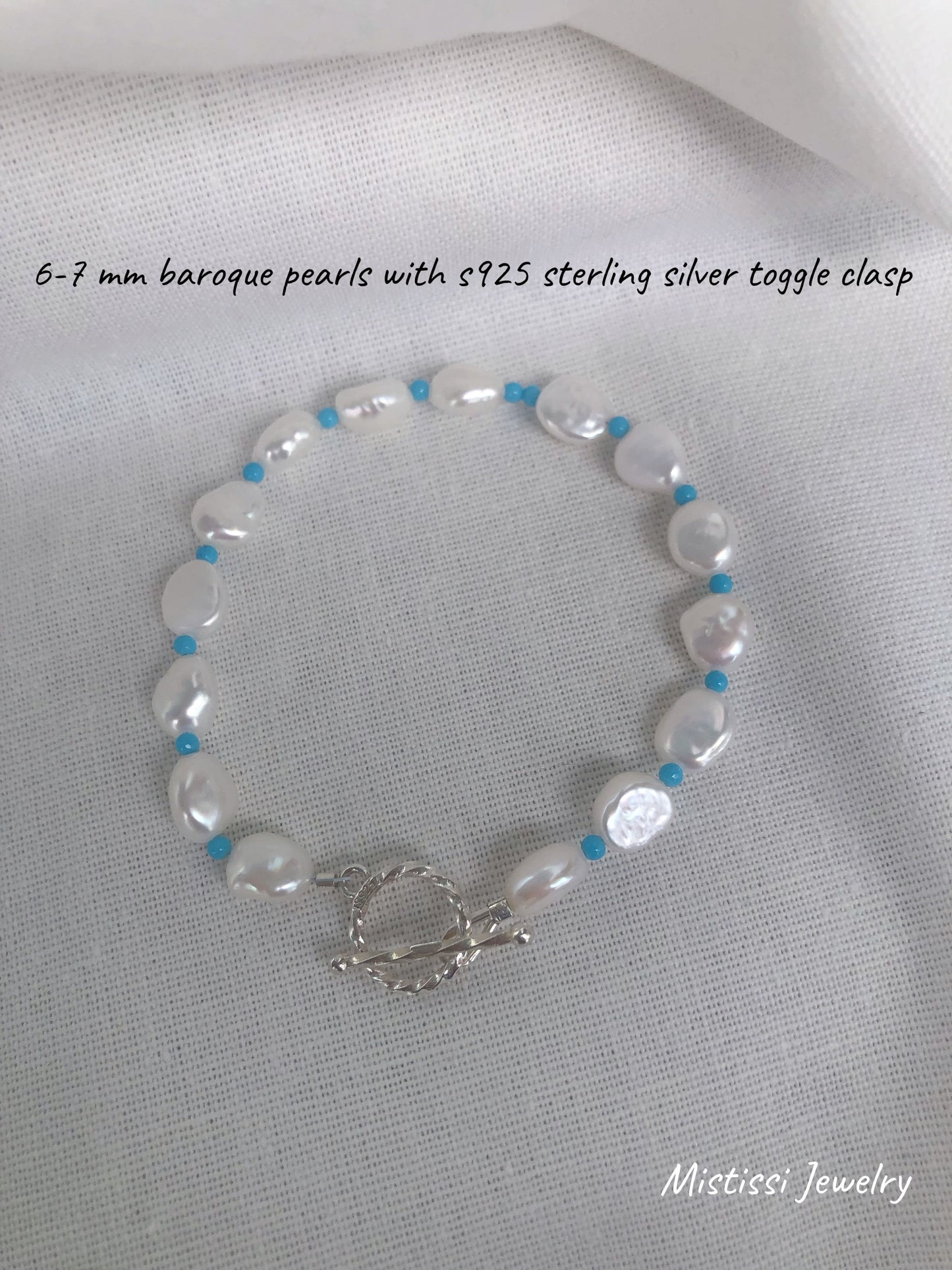 Lune Blanche de Mistissi Baroque Pearl Bracelet with blue beads